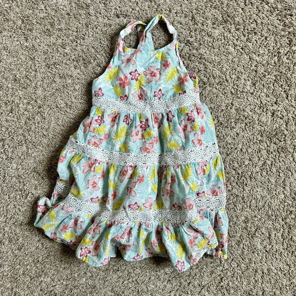 Tommy Bahama‎ Girls 4T Tropical Floral Tiered Crochet Lace Smocked Sundress Blue